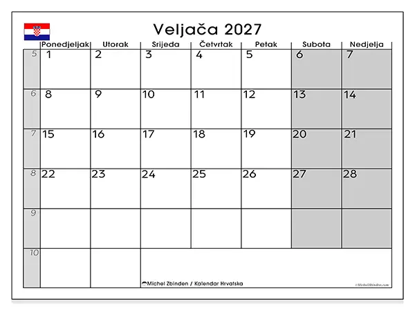 Kalendar veljača 2027 za ispis - Hrvatska