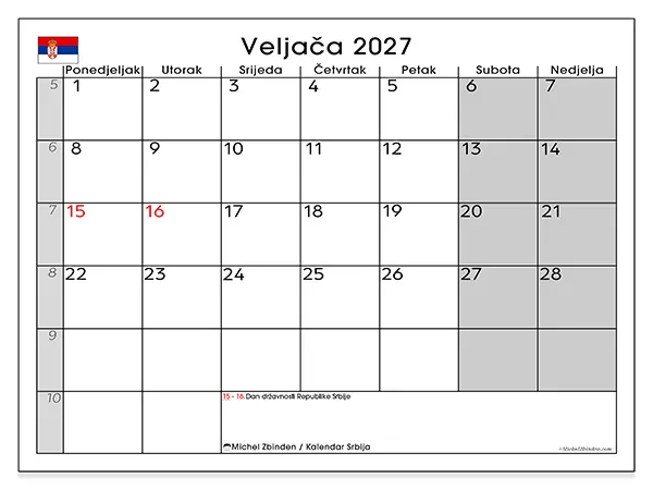 Kalendar veljača 2027 za ispis - Srbija