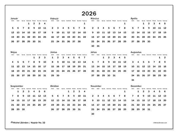 nyomtatható Éves naptár 2026 - Éves áttekintés