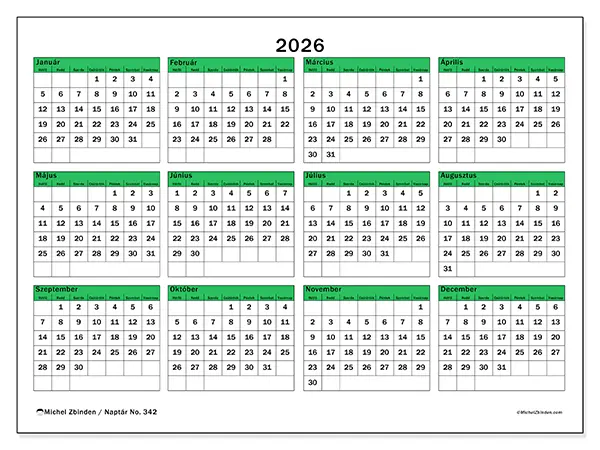 nyomtatható Éves naptár 2026 - Zöld nyugalom