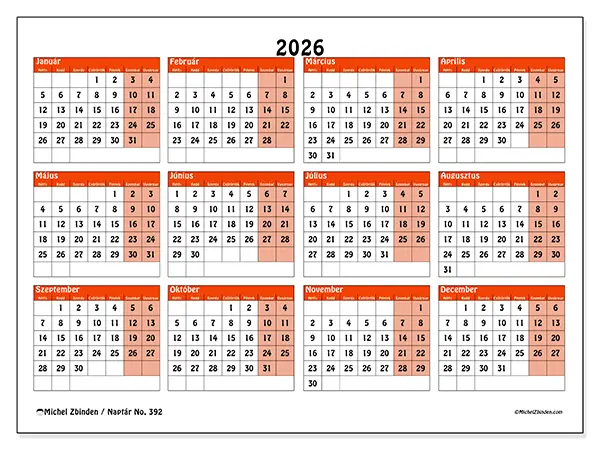 nyomtatható Éves naptár 2026 - Színes éves terv