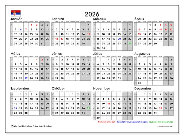 nyomtatható Éves naptár 2026 - Szerbia