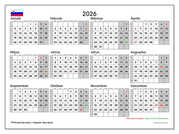 nyomtatható Éves naptár 2026 - Szlovénia