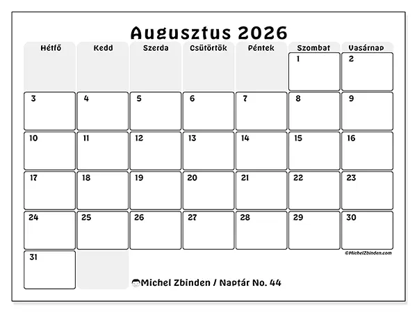 nyomtatható naptár Augusztus 2026