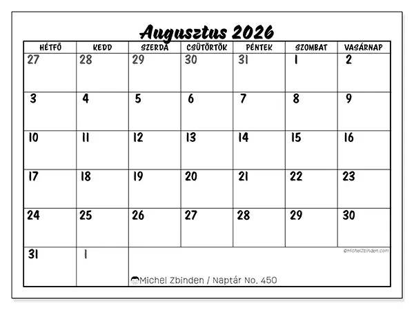 nyomtatható naptár Augusztus 2026 - Részletes modell