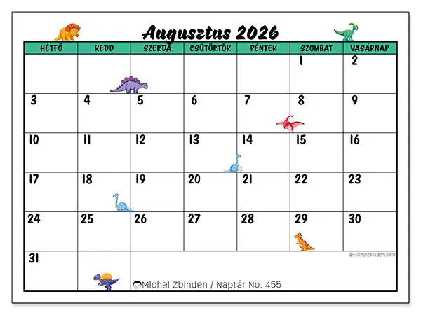 nyomtatható naptár Augusztus 2026 - Kis dinoszauruszok