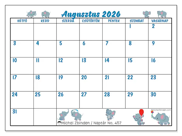 nyomtatható naptár Augusztus 2026 - Kis elefántok