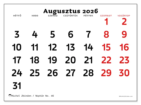nyomtatható naptár Augusztus 2026 - Tiszta kép