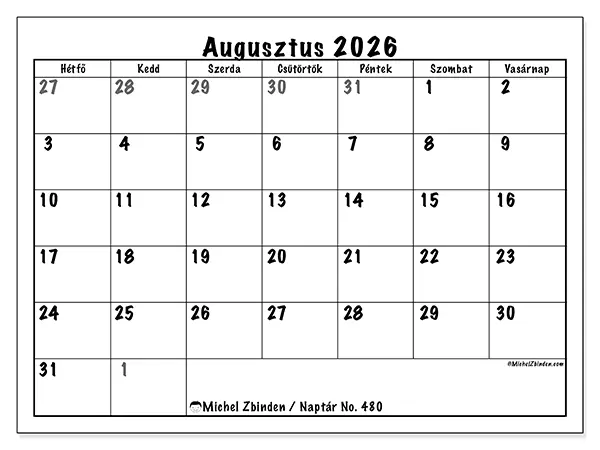 nyomtatható naptár Augusztus 2026 - Teljes tervezés