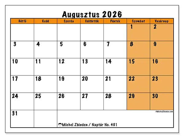 nyomtatható naptár Augusztus 2026 - Dinamikus tervezés