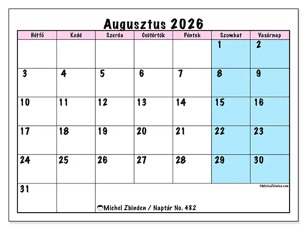 nyomtatható naptár Augusztus 2026 - Csapat időbeosztás