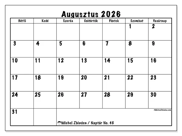 nyomtatható naptár Augusztus 2026 - Napi tervek