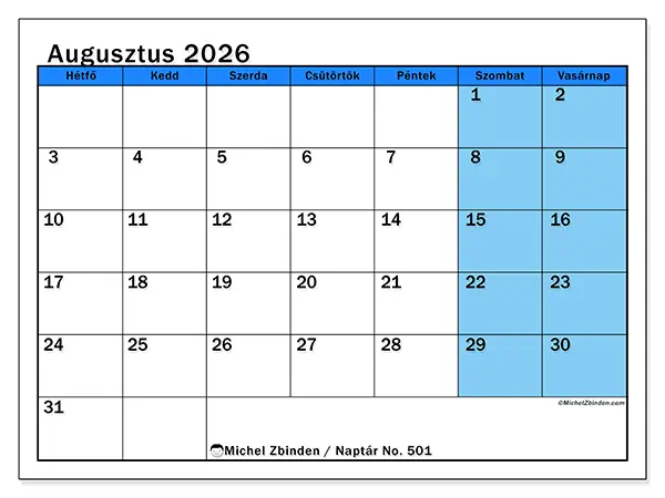 nyomtatható naptár Augusztus 2026 - Dinamikus tanulás