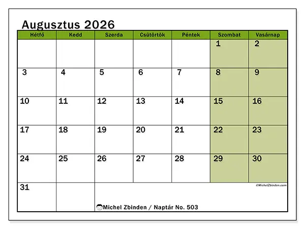 nyomtatható naptár Augusztus 2026 - Természetes hónap