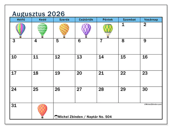 nyomtatható naptár Augusztus 2026 - Hőlégballonok