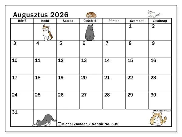 nyomtatható naptár Augusztus 2026 - Macska élete