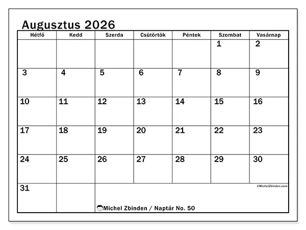 nyomtatható naptár Augusztus 2026 - Áttekinthető hónap