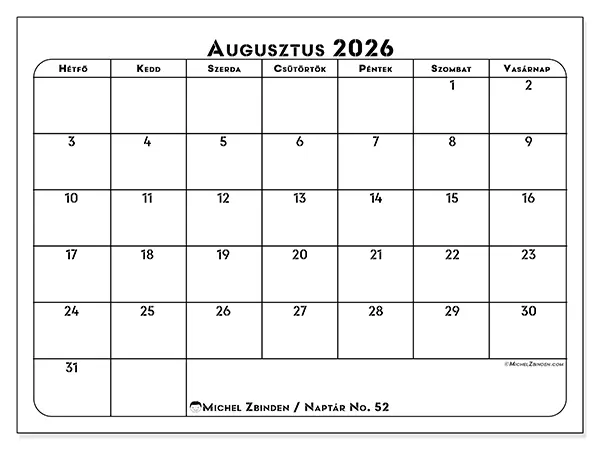 nyomtatható naptár Augusztus 2026 - Munkaterv