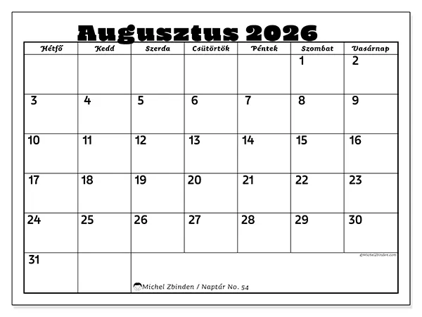 nyomtatható naptár Augusztus 2026 - Családi tevékenységek