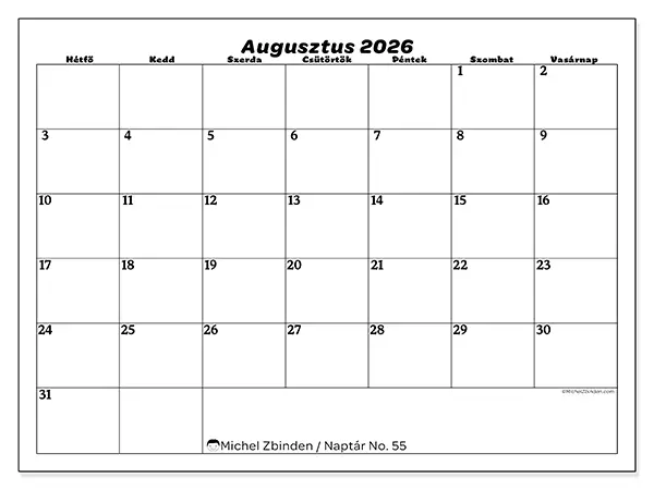 nyomtatható naptár Augusztus 2026 - Szabadidő