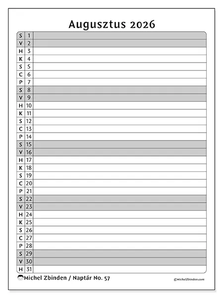 nyomtatható naptár Augusztus 2026 - Tevékenység lista