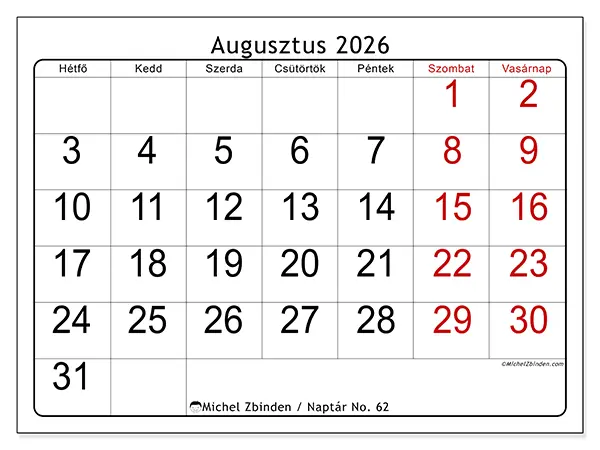 nyomtatható naptár Augusztus 2026 - Gyors áttekintés