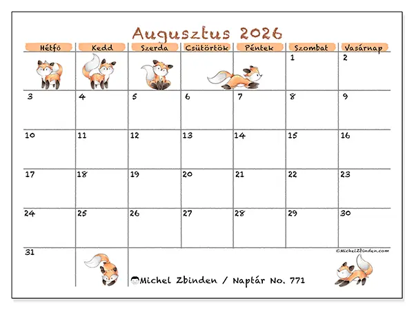 nyomtatható naptár Augusztus 2026 - Róka rajzok