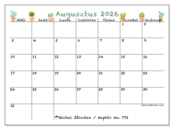 nyomtatható naptár Augusztus 2026 - Dekoratív kaktuszok