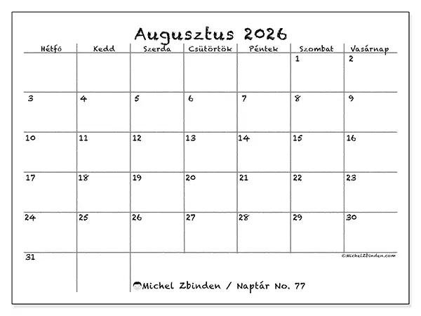 nyomtatható naptár Augusztus 2026 - Iskola és család