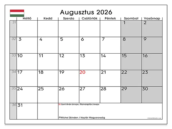 nyomtatható naptár Augusztus 2026 - Magyarország