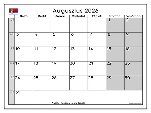 nyomtatható naptár Augusztus 2026 - Szerbia