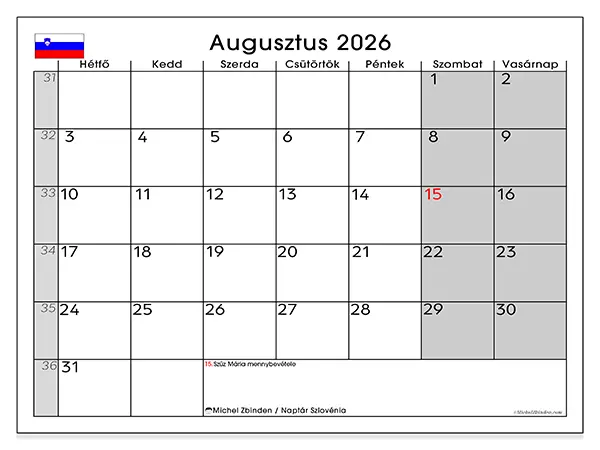nyomtatható naptár Augusztus 2026 - Szlovénia