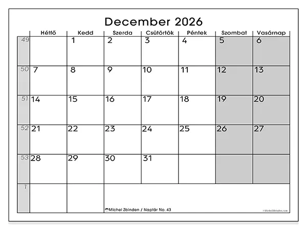 nyomtatható naptár December 2026 - Jól áttekinthető
