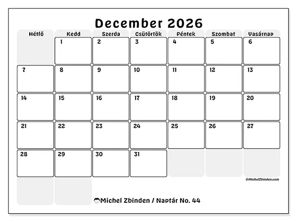nyomtatható naptár December 2026 - Jól tagolt terv