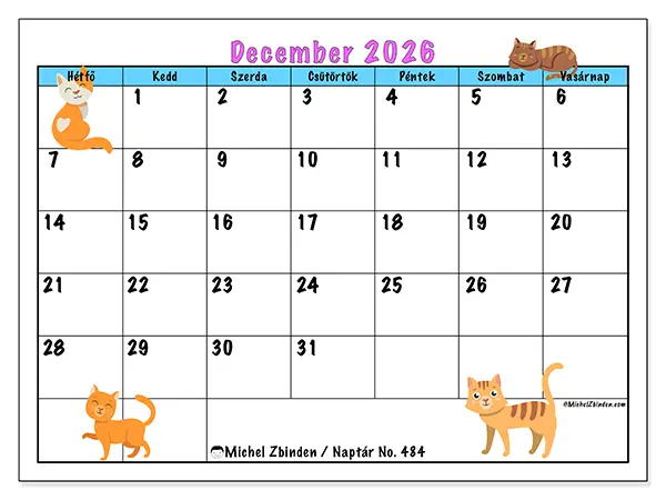 nyomtatható naptár December 2026 - Macskák szeretete