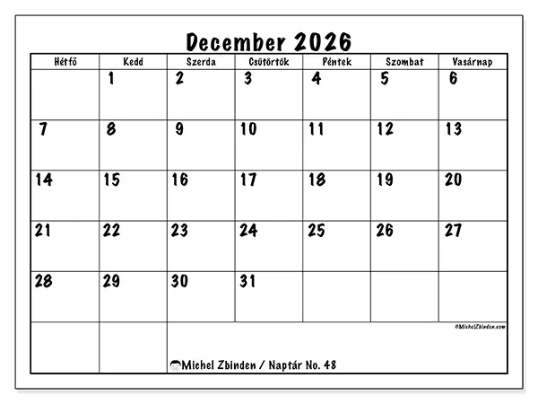 nyomtatható naptár December 2026 - Napi tervek