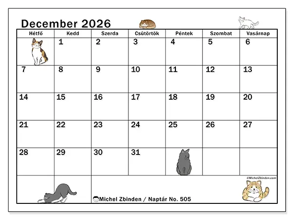 nyomtatható naptár December 2026 - Macska élete