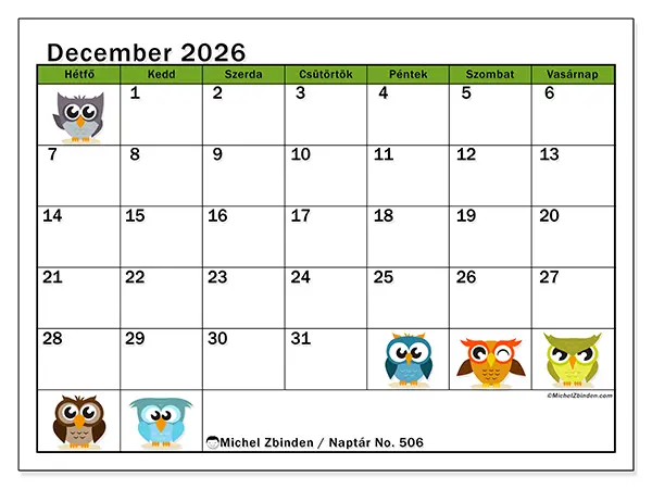 nyomtatható naptár December 2026 - Vicces baglyok