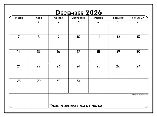 nyomtatható naptár December 2026 - Munkaterv