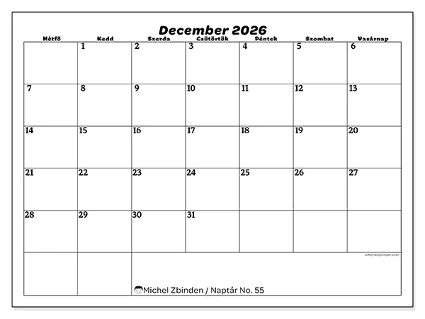 nyomtatható naptár December 2026 - Szabadidő
