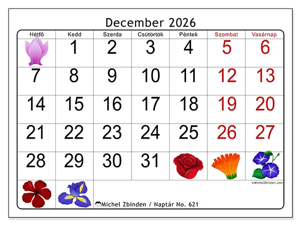 nyomtatható naptár December 2026 - Nagy virágok