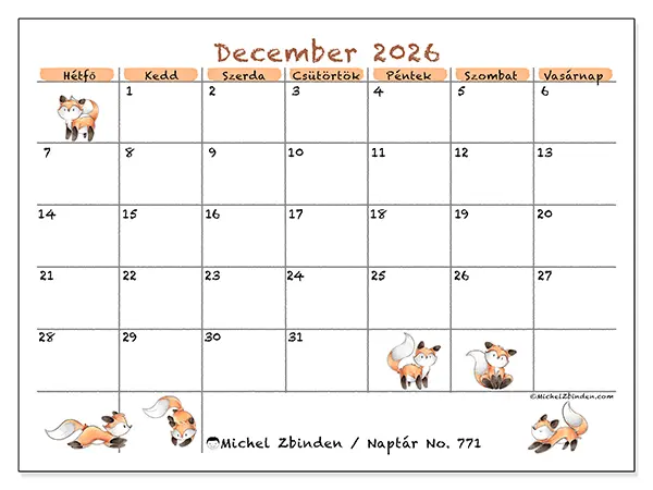 nyomtatható naptár December 2026 - Róka rajzok
