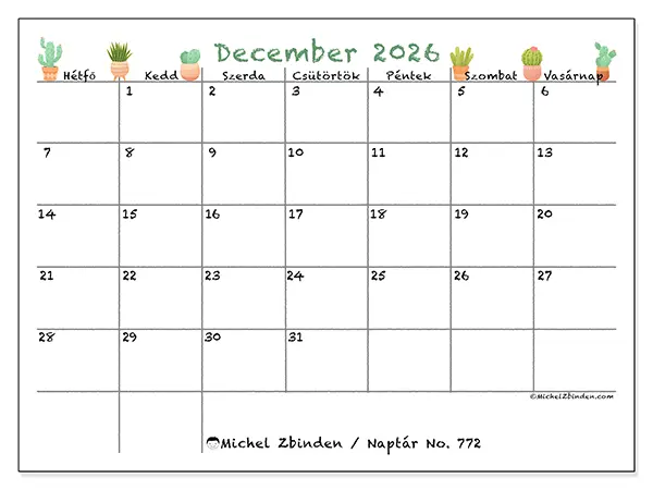 nyomtatható naptár December 2026 - Dekoratív kaktuszok