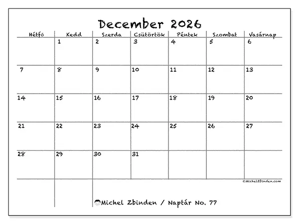 nyomtatható naptár December 2026 - Iskola és család