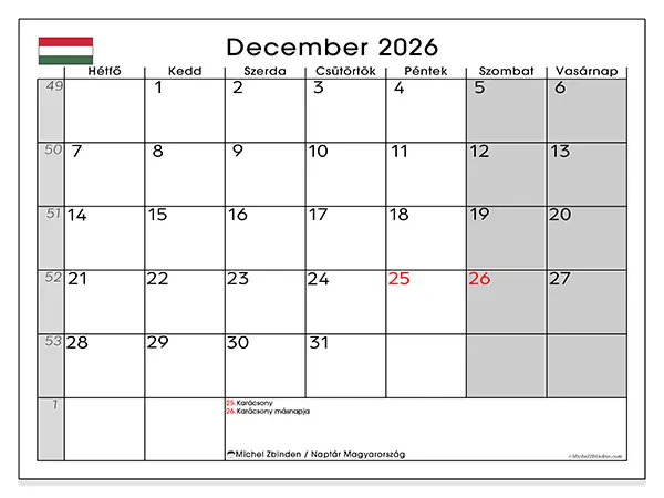 nyomtatható naptár December 2026 - Magyarország