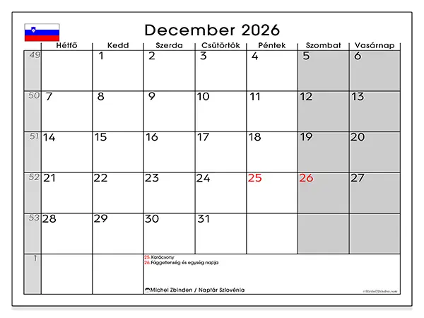 nyomtatható naptár December 2026 - Szlovénia