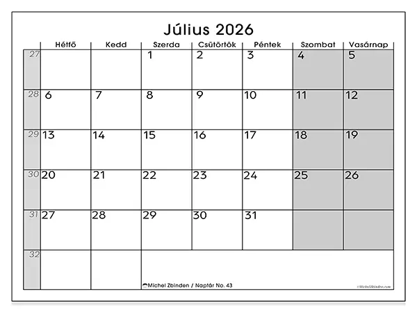 nyomtatható naptár Július 2026 - Jól áttekinthető