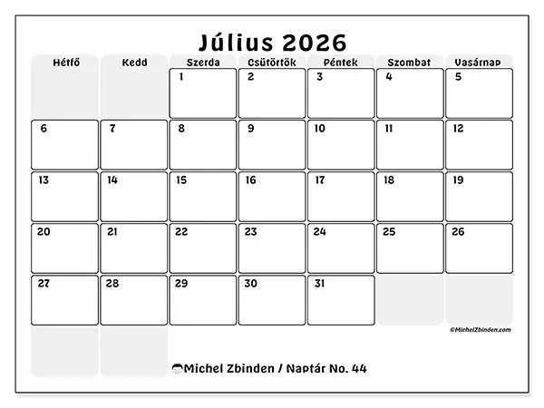 nyomtatható naptár Július 2026 - Jól tagolt terv