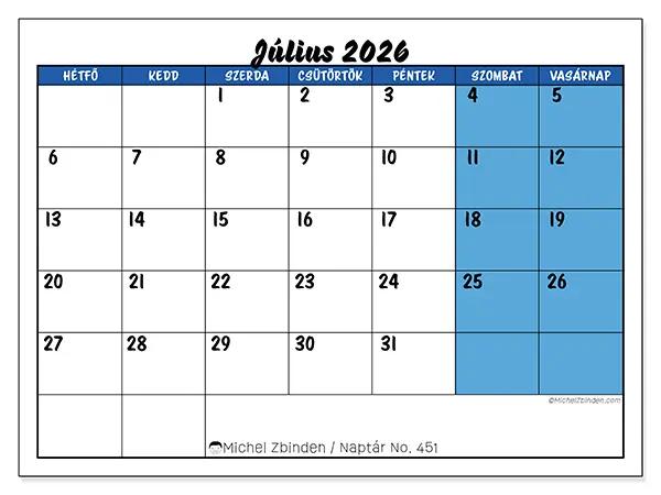nyomtatható naptár Július 2026 - Kék áttekintés