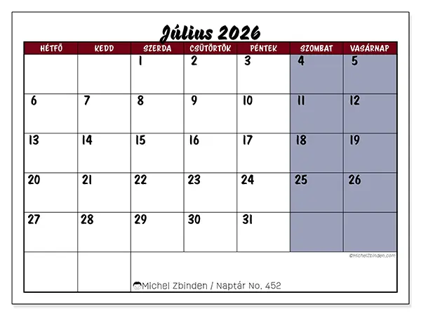 nyomtatható naptár Július 2026 - Feladatok színekben